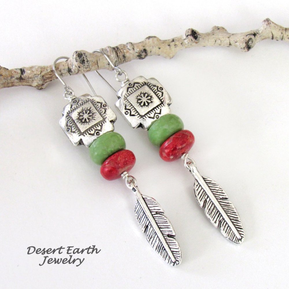 Southwest Tribal Cross Earrings with Red Coral, Serpentine Stones & Feathers